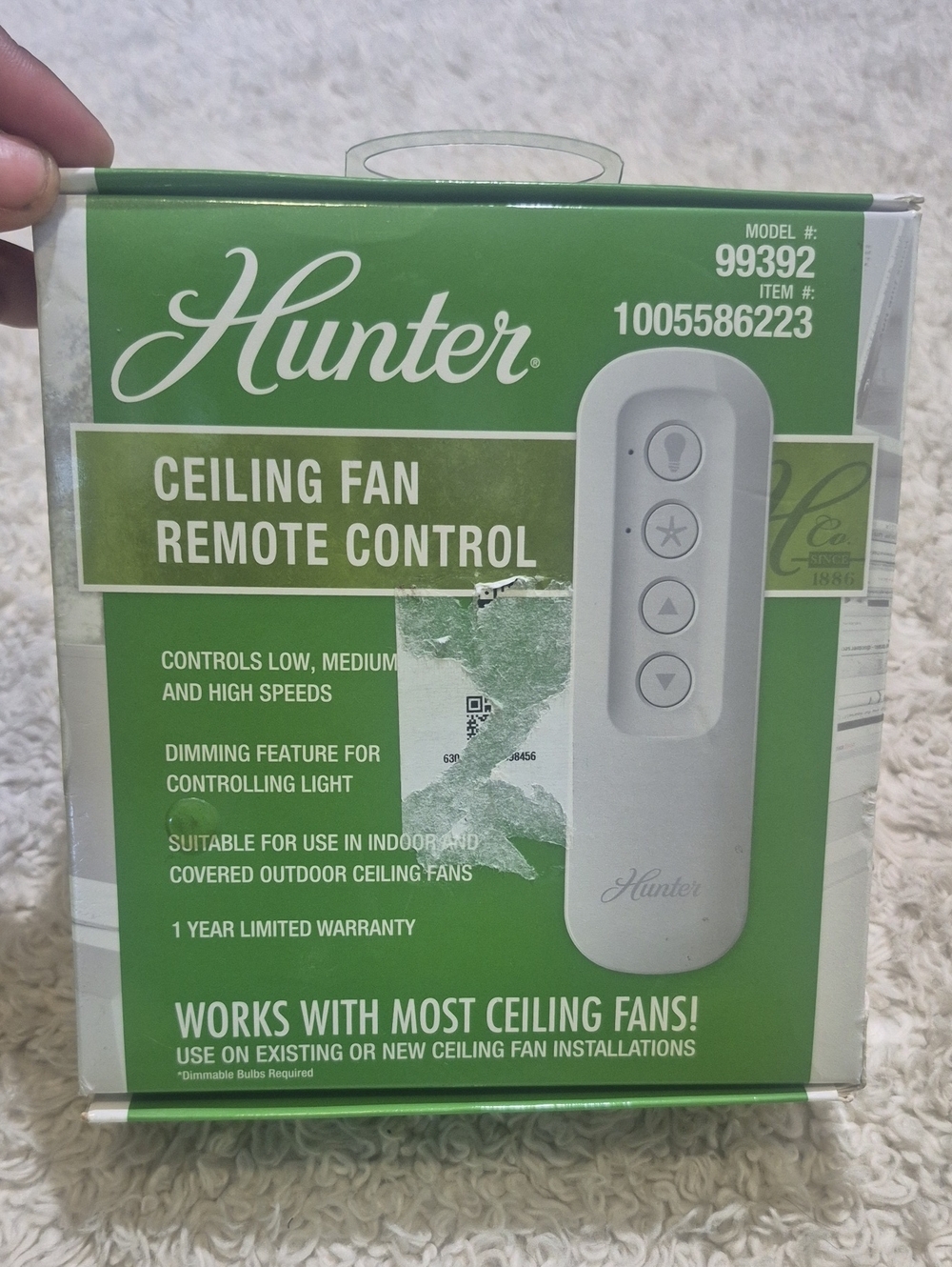 Hunter Universal 3 Speed Damp Rated Ceiling Fan Handheld Remote Control White
